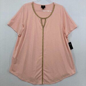 New JM Collection size 2X Pink Cream Gold Accent Keyhole Stretch Blouse